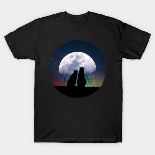 Cute cat and dog - best friends watching moon and cosmos T-Shirt